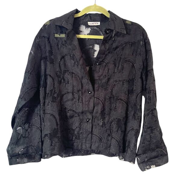 lisbeth Tops - Vintage Black Lisbeth Oslo Burnout Silk Button Front Formal‎ Blouse L